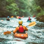 Outdoor enthusiasts engaging in water sports like kayaking and rafting.